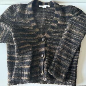 Veronica Beard Embry Puff Sleeve Striped Cardigan Sweater Black Multi